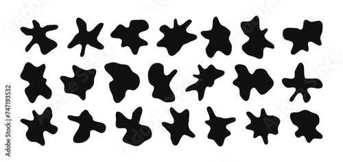 Organic blob shapes. Abstract irregular forms. Blots of paint spreading across the surface. Asymmetrical elements similar to an amoeba. Isolated vector collection on white background.
