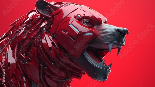 Fierce red metal bear robot as a symbol of a downward trend in finance, business, economics.