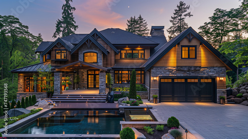 A stunning craftsman house with a stone and wood exterior and a black garage door, showcasing a large deck and a pool, in the twilight. photo