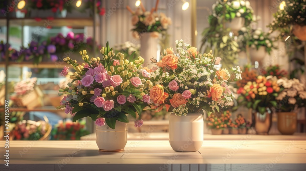 a flower shop, a wide-angle lens to encompass the entire scene, emphasizing the beauty and abundance of floral arrangements.