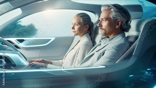 Couple in self-driving car controlled by an artificial intelligence autopilot. Concept of future technologies, internet of things and smart devices. photo