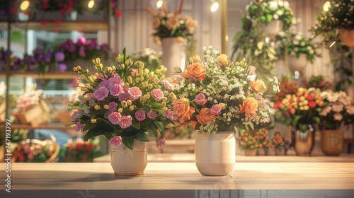 a flower shop, a wide-angle lens to encompass the entire scene, emphasizing the beauty and abundance of floral arrangements. © lililia