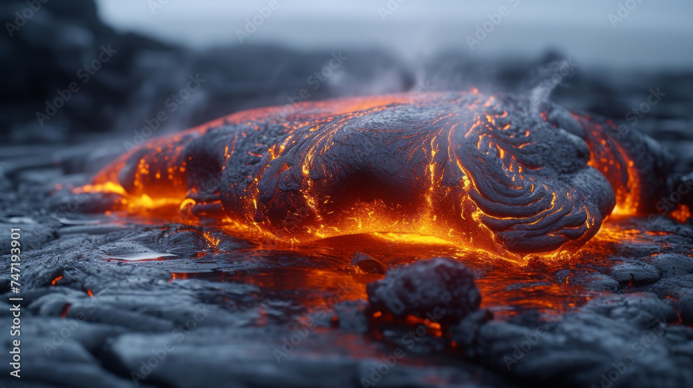 Closeup of molten lava captured in midair as it spews out of a volcano with intense heat emanating from its surface. - obrazy, fototapety, plakaty 