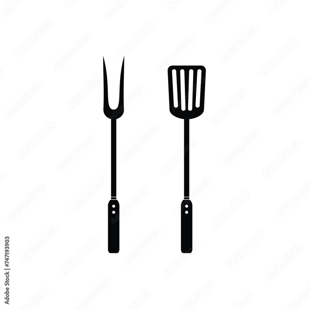 Grill fork and spatula tools Isolated icon set. Barbecue or BBQ symbol silhouette vector illustration Grill fork and spatula tools Isolated icon set. Barbecue or BBQ symbol silhouette vector illustration
