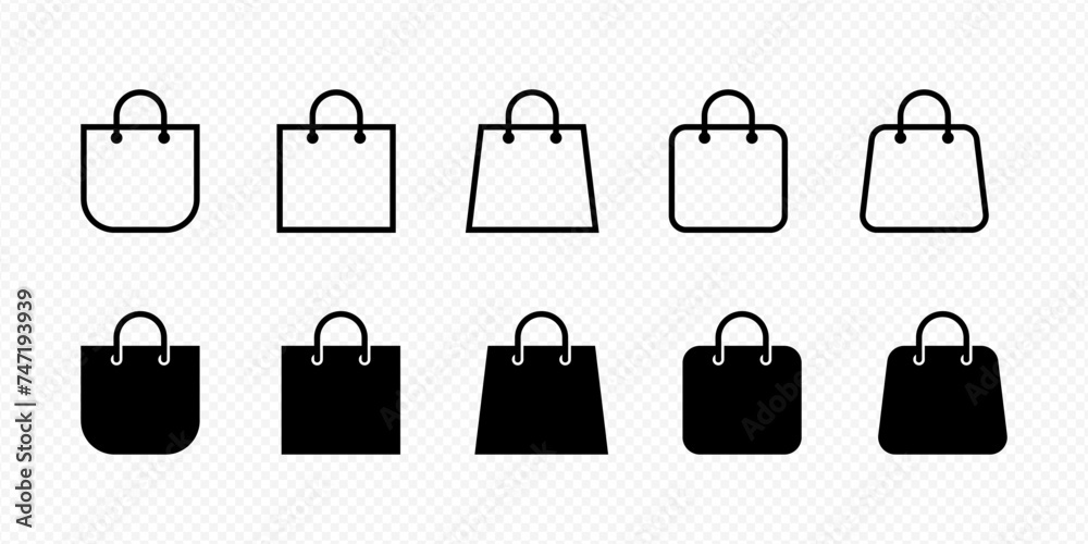 Set of shopping bag icon in black fill and outline Set of shopping bag icon in black fill and outline