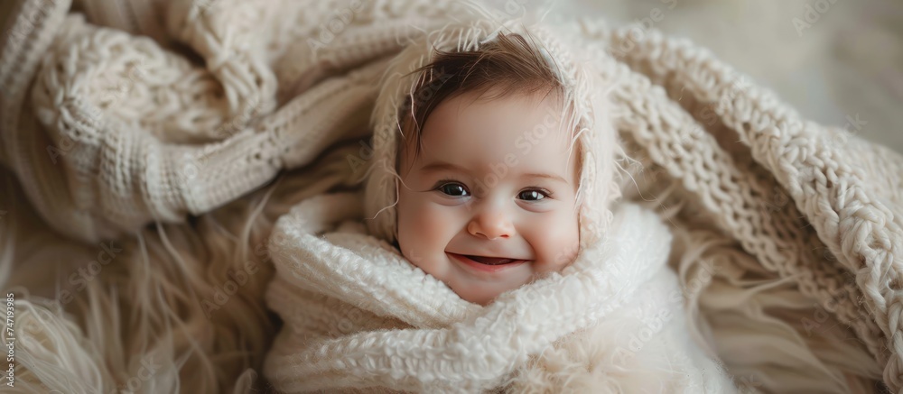 Portrait a cute smiling baby wrapped in a soft furry white blanket or towel. AI generated image Portrait a cute smiling baby wrapped in a soft furry white blanket or towel. AI generated image
