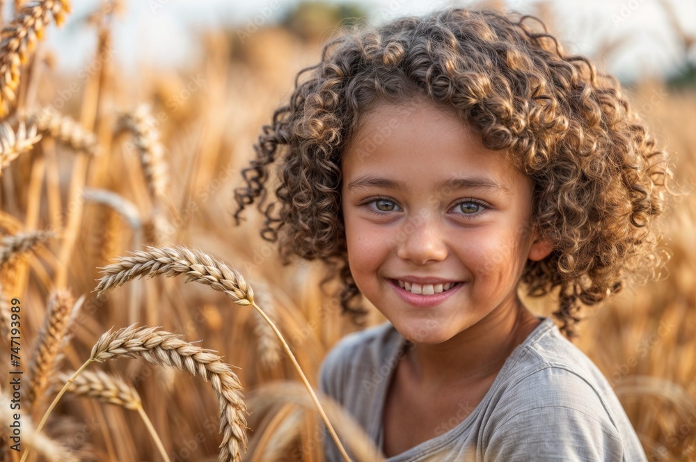 Portrait of a cute little girlwith curly hair in wheat field Portrait of a cute little girlwith curly hair in wheat field