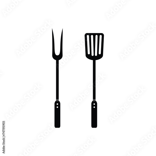 Grill fork and spatula tools Isolated icon set. Barbecue or BBQ symbol silhouette vector illustration