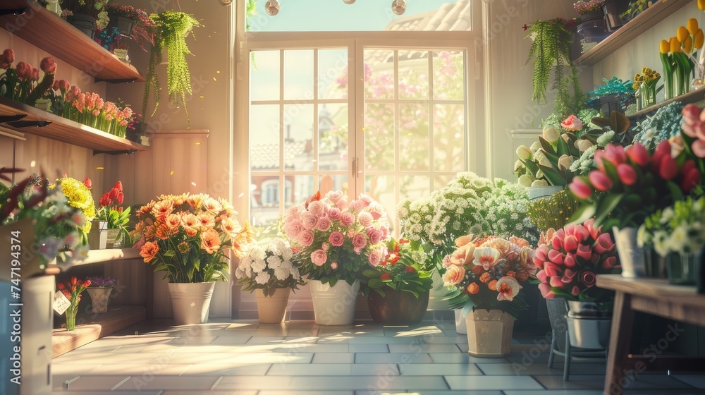 Naklejka premium a flower shop, a wide-angle lens to encompass the entire scene, emphasizing the beauty and abundance of floral arrangements.