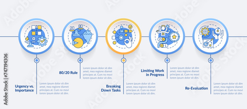 Prioritization principles, focus control circle infographic template. Data visualization with 5 steps. Editable timeline info chart. Workflow layout with line icons. Lato-Bold, Regular fonts used