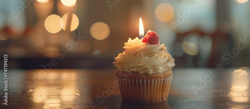 Cupcake or muffin for birthday cake with a single candle isolated on blur background. AI generated