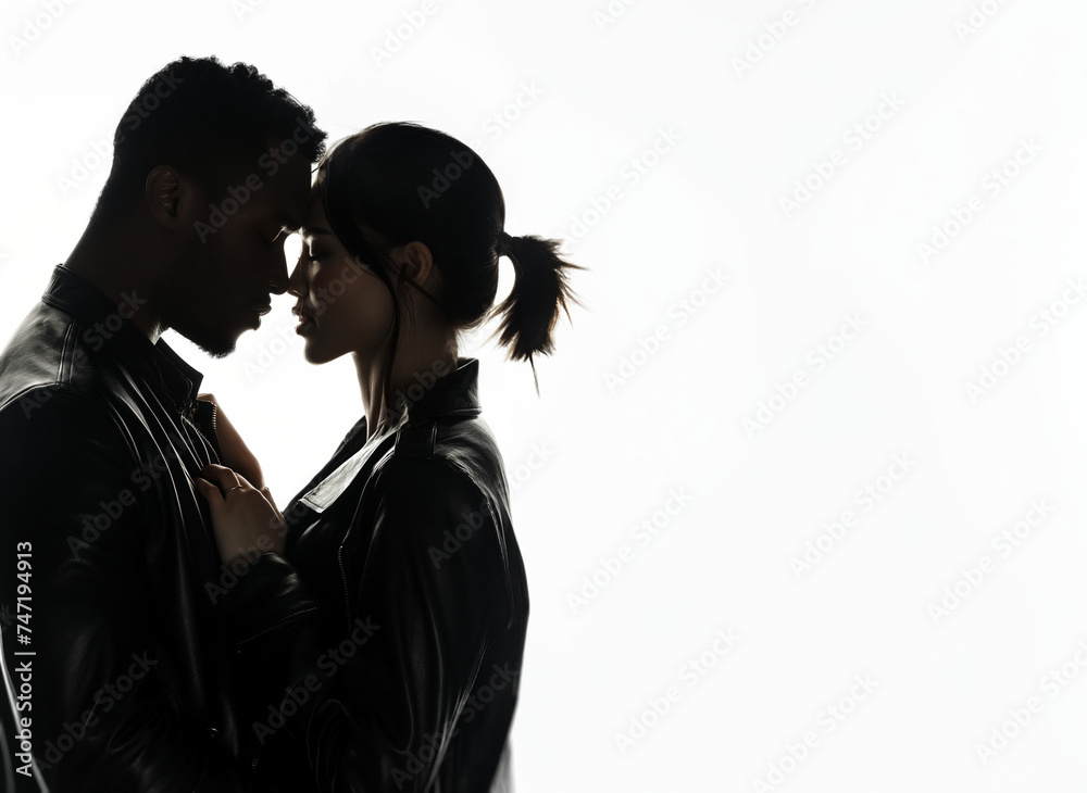 Black man, asian woman. Interracial couple concept. Valentines day. Couple in love. Silhouette of a loving couple embracing. Touching foreheads. Leather jacket. Love, Diversity and inclusion.