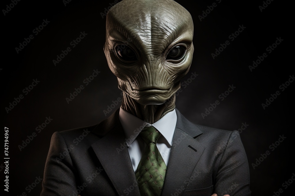 closeup portrait of an humanoid alien in a business suit on a black background closeup portrait of an humanoid alien in a business suit on a black background