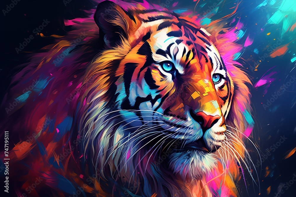 bright multicolored illustration portrait of tiger digital oil painting style