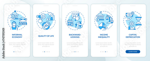 Positive economic growth blue onboarding mobile app screen. Walkthrough 5 steps editable graphic instructions with linear concepts. UI, UX, GUI template. Myriad Pro-Bold, Regular fonts used photo