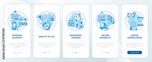 Positive economic growth blue onboarding mobile app screen. Walkthrough 5 steps editable graphic instructions with linear concepts. UI, UX, GUI template. Myriad Pro-Bold, Regular fonts used