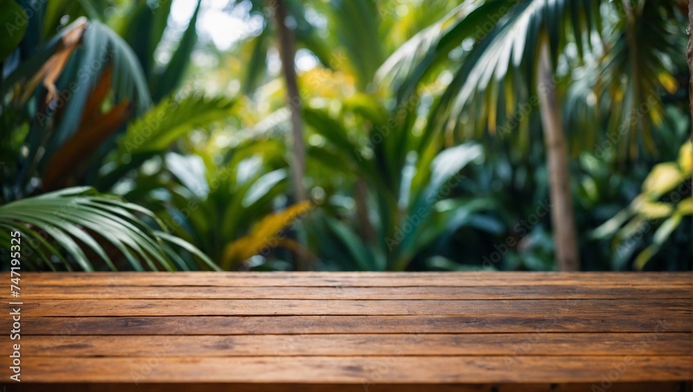 A vibrant and verdant tropical foliage background with a wooden table surface in the foreground, setting a natural and exotic scene