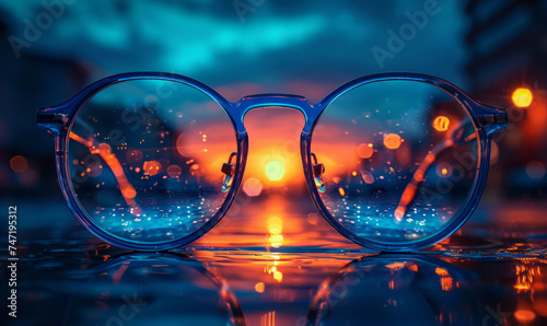 Blue glasses reflecting the city lights at night