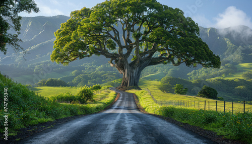 Large tree stands alone on road in lush green valley photo