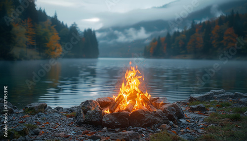 Bonfire on the lake shore in the mountains