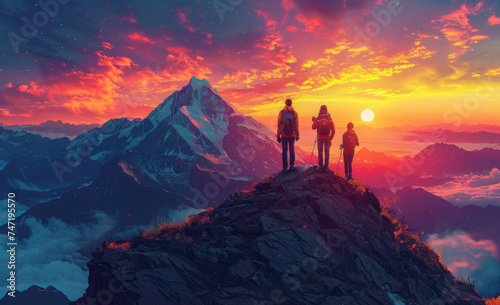 Hikers on top of the mountain looking at sunset digital art style illustration painting