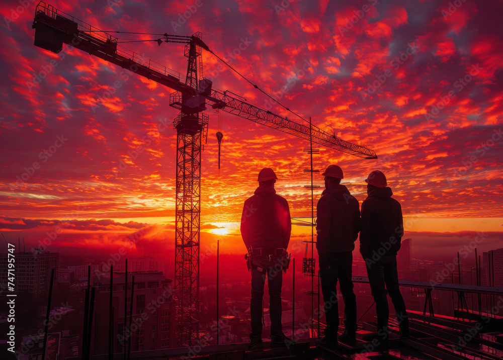 Three workers stand on the roof of building under construction and watching the sunset.