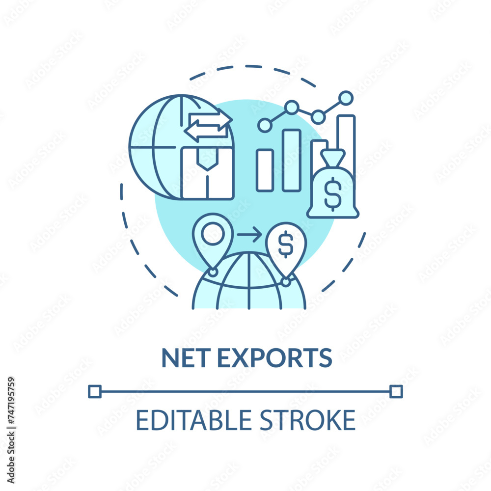 Net exports soft blue concept icon. National economic. Global market, gdp calculating. Round shape line illustration. Abstract idea. Graphic design. Easy to use in brochure, booklet