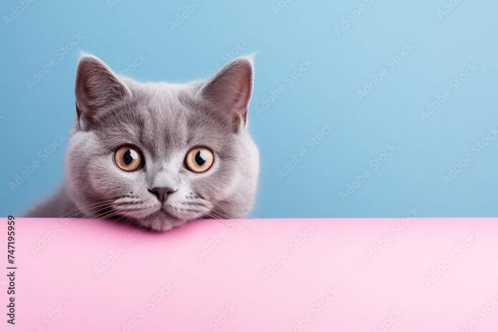 adorable gray british cat peeking out against a blue and pink background - obrazy, fototapety, plakaty 