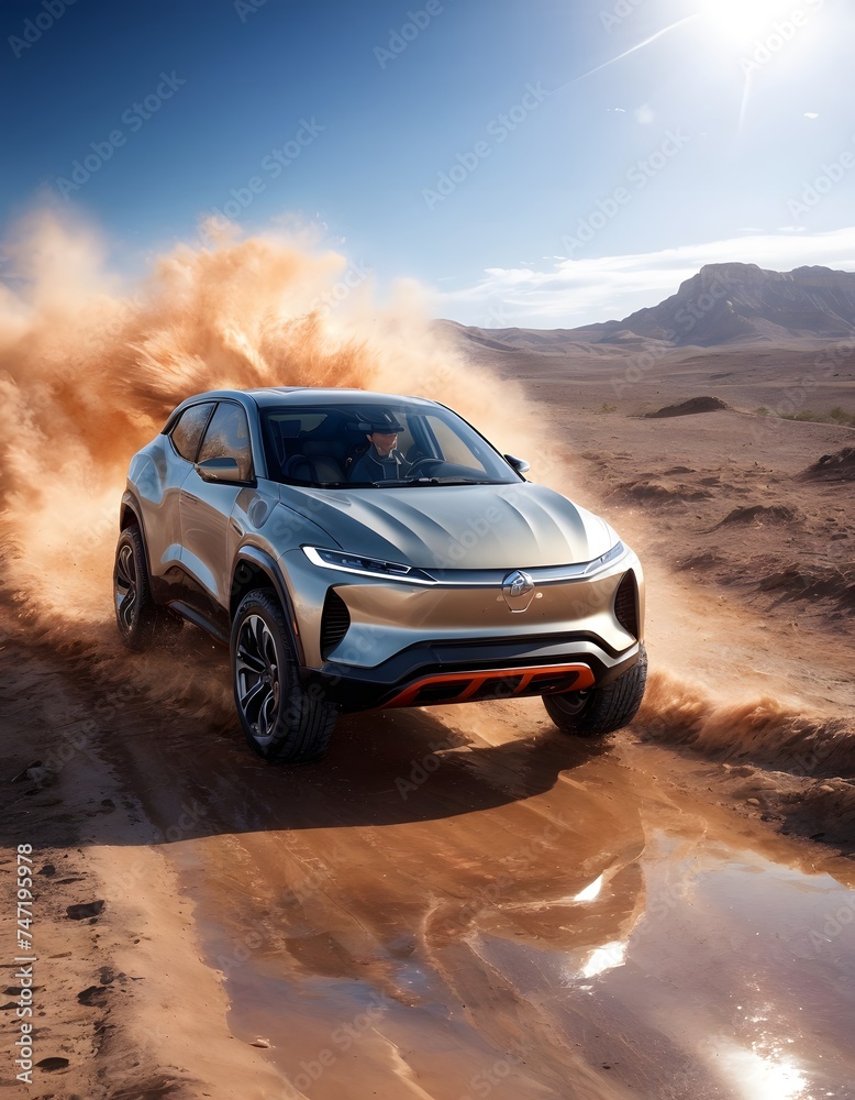 A dynamic electric vehicle carves through a sandstorm, its sleek form racing against a backdrop of stark desert beauty. The vehicle's design is a fusion of performance and renewable technology