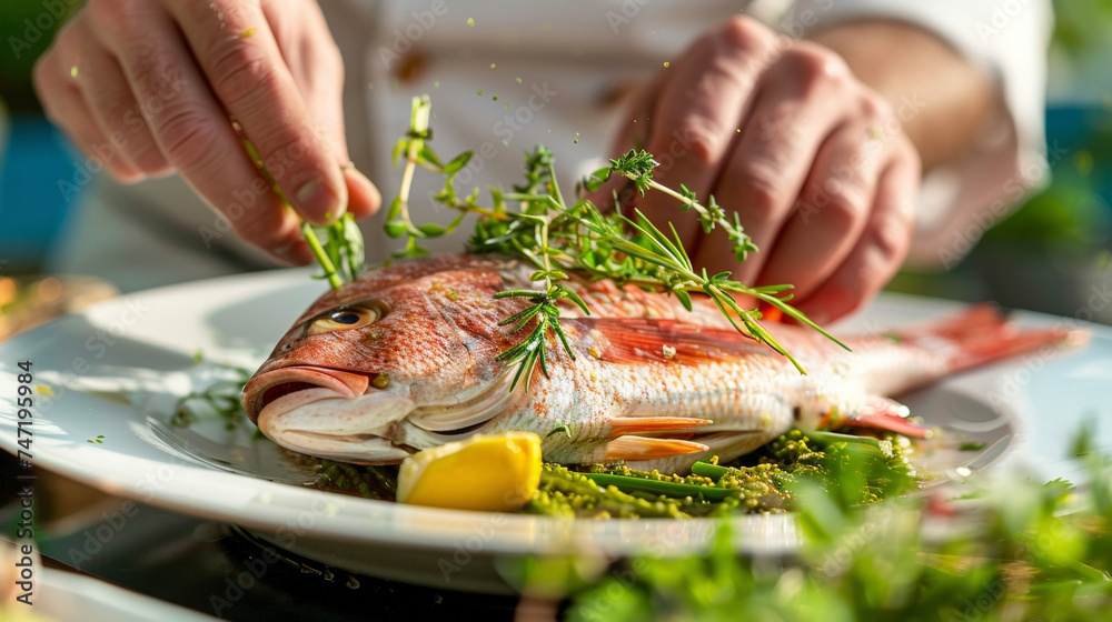 A skilled chef delicately garnishes a plate of freshly caught fish with herbs picked from the garden while another adds the final touch of a homemade sauce.