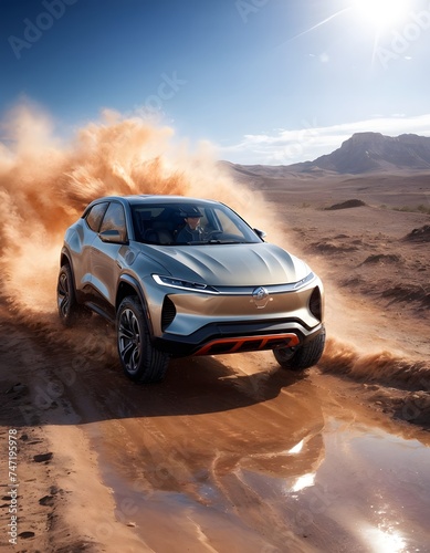 A dynamic electric vehicle carves through a sandstorm, its sleek form racing against a backdrop of stark desert beauty. The vehicle's design is a fusion of performance and renewable technology © video rost