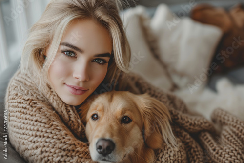 Portrait of a young blonde woman hugging an animal dog while sitting at home, a loving owner with her pet