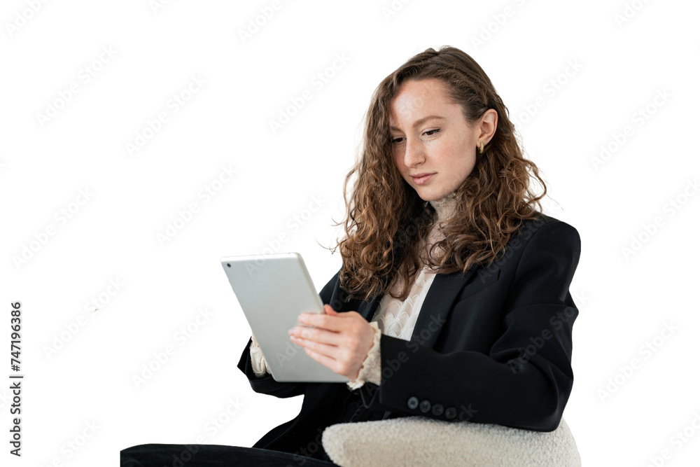 Creative specialist a young woman with glasses uses an office tablet. Transparent isolated background. Creative specialist a young woman with glasses uses an office tablet. Transparent isolated background.