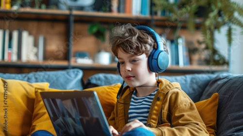 Child boy in headphones study online with video call teacher at home. Homeschooling, Distant online learning concept.