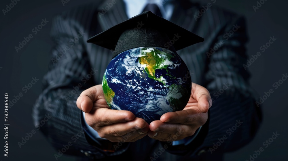 Education in the world concept, Business man holding graduation cap on earth globe model map. Education in the world concept, Business man holding graduation cap on earth globe model map.