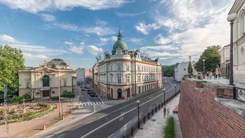Panorama showing Theater Square with Main Post Office building aerial timelapse and Polish Theater