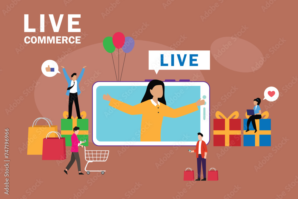 Selling items on the mobile screen and people around making purchases vector cartoon illustration Selling items on the mobile screen and people around making purchases vector cartoon illustration