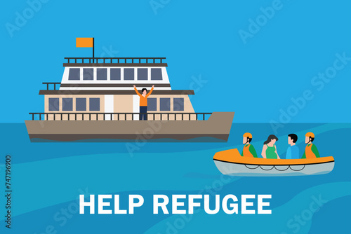 : Group of refugees moving to other region while using boat on the sea