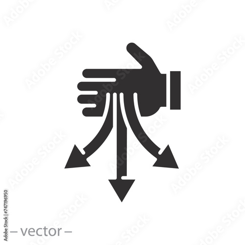 waste recycling process icon, sort the garbage, hand with three direction arrows, flat symbol on white background - vector illustration photo