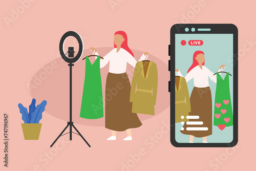 Woman uses live streaming to sell products vector cartoon illustration