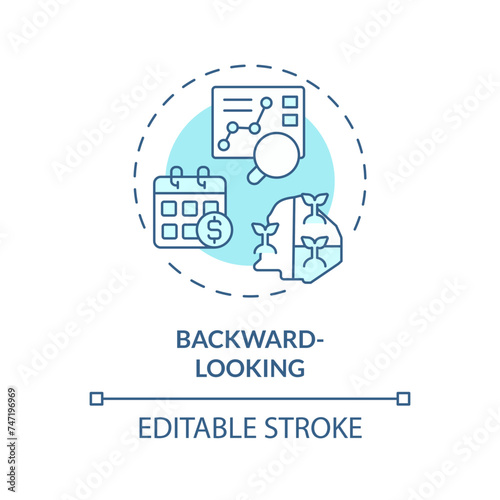 Backward-looking soft blue concept icon. Economical predictions. Market data analysis. Financial metrics. Round shape line illustration. Abstract idea. Graphic design. Easy to use in brochure