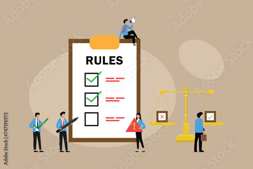 Business people studying list of rules, reading guidance, making checklist vector cartoon illustration