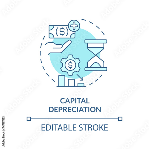 Capital depreciation soft blue concept icon. National inflation. Financial distress, economic downturn. Round shape line illustration. Abstract idea. Graphic design. Easy to use in brochure, booklet