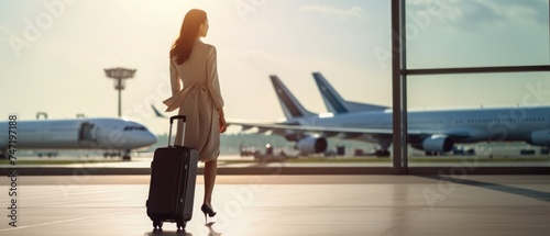 Young woman with suitcase at airport terminal. Travel and business concept. Travel and tourism concept with copy space. Travel concept with copy space. Travelling. 