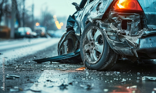 Close-up of a wrecked car's damaged front side after a severe road collision, with debris scattered on the asphalt in the aftermath of an accident photo