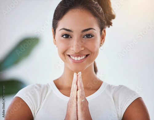 Woman, prayer hands and portrait for yoga and meditation in studio with mindfulness