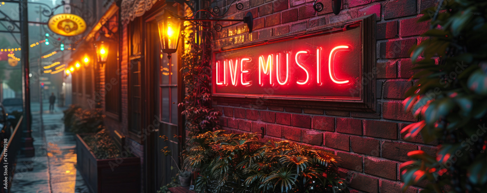 Rustic LIVE MUSIC neon sign on a brick wall, adorned with foliage, beckoning to the vibrant atmosphere of a venue with live performances