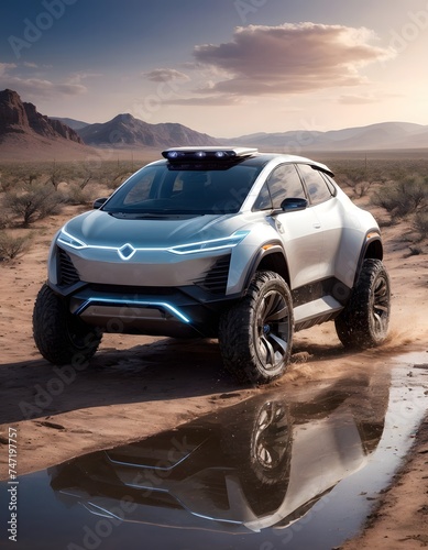 The innovative electric SUV reflects its cutting-edge silhouette against a desert sunset, surrounded by the vastness of nature. Its illuminated detailing and aggressive stance suggest a new era of eco © video rost