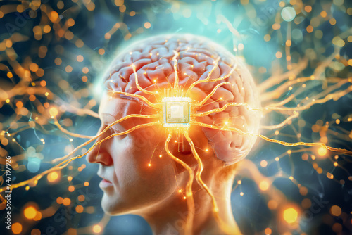 Profil d'un homme synthétique le cerveau apparent avec un implant cérébral, projections lumineuses, système neuronal   photo