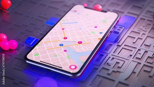 Smartphone 3D Map pins, GPS, navigator pin checking points, 3D World Map icon, technology and application mobile smart phone with mobile, delivery tracking, transportation, travel photo